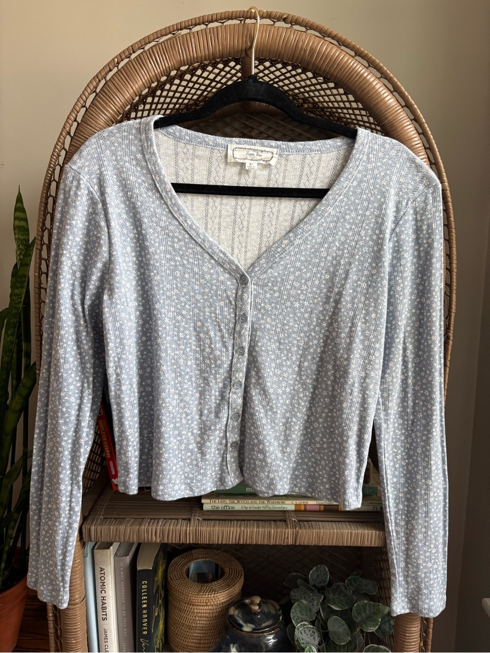 Hippie Rose Light Blue Floral Button-Front Long Sleeve Top